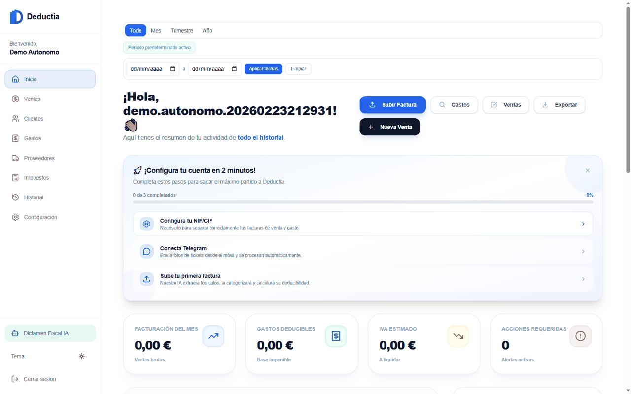 GIF del dashboard operativo de Deductia para autónomos