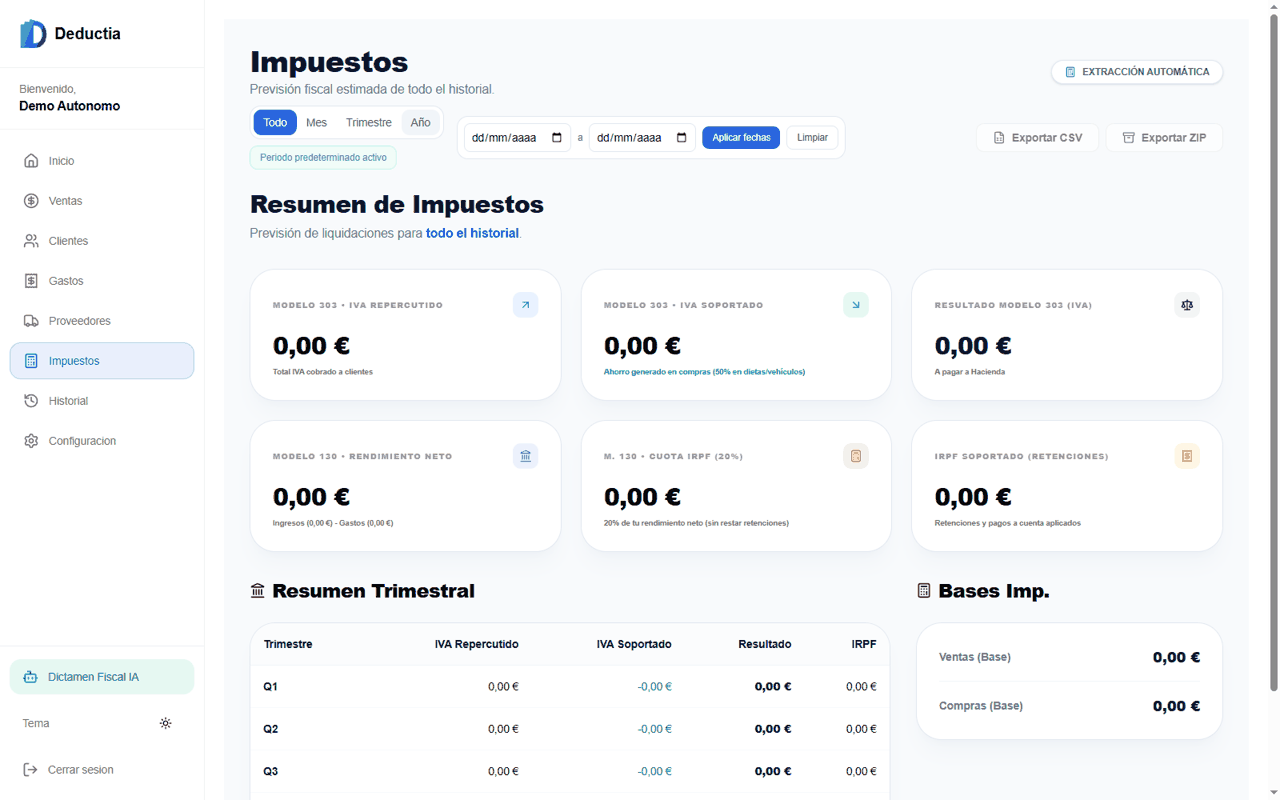 GIF de la vista de impuestos y descarga de resumen fiscal en Deductia