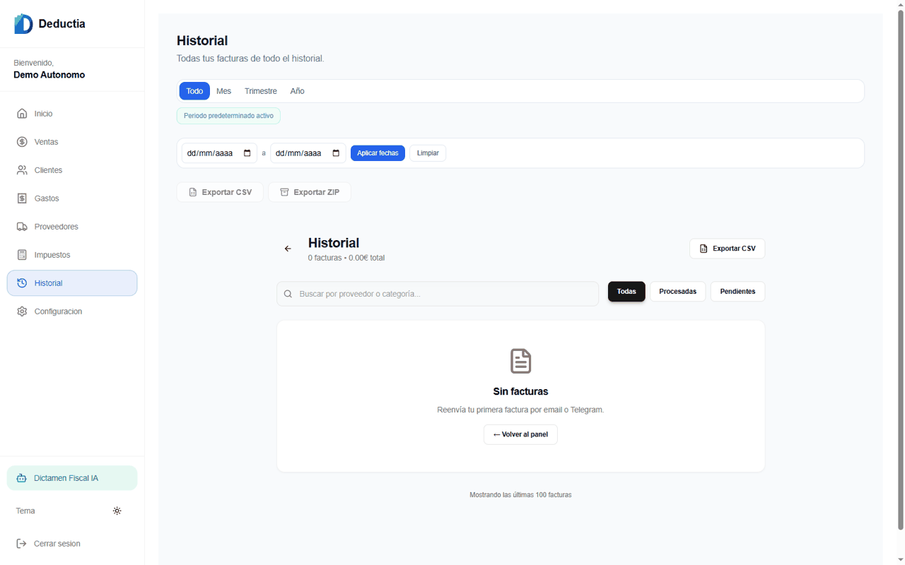 GIF del historial y control de facturas en Deductia